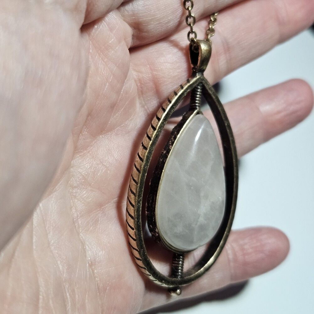 Stella & Dot Brass Tone Rose Quartz Teardrop Pendant Chain Necklace 36-39" - Picture 5 of 13